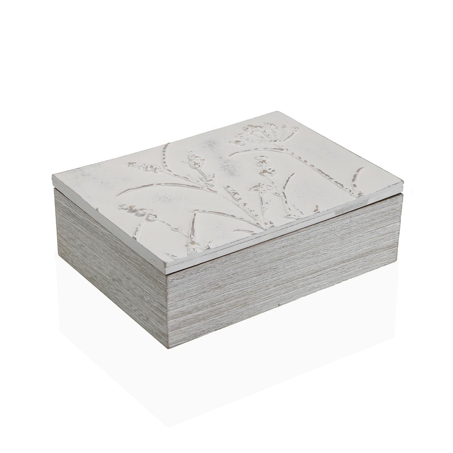 CAJA DE TE BLANCA CON DETALLE DE FLORES TALLADAS VERSA 2026 JUNIO