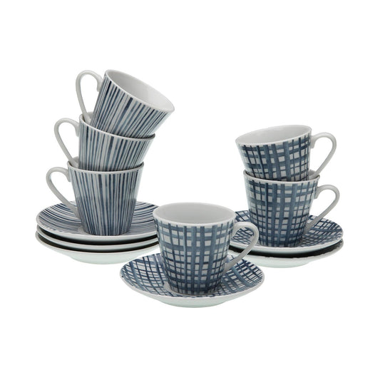 SET 6 TAZAS CAFE CON PLATO RAYAS AZULES Versaotoño