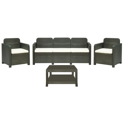 <p>Conjunto compuesto de: 2 unidades de Sillón + Sofá de 3 plazas y una unidad de mesa baja, poli ratán, color antracita. Cojines incluidos</p> Grupo sdm JULIO