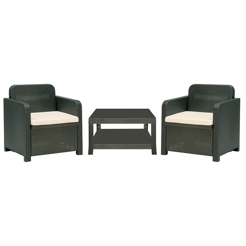 <p>Conjunto compuesto de: 2 unidades de Sillón y una unidad de mesa baja, poliratán, color antracita. Cojines incluidos</p> Grupo sdm JULIO