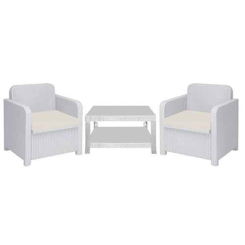 <p>Conjunto compuesto de: 2 unidades de Sillón y una unidad de mesa baja, poli ratán, color blanco. Cojines incluidos </p> Grupo sdm JULIO