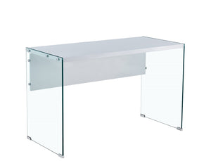 <p>Mesa de diseño fabricada con laterales de cristal templado con acabado transparente. 12 mm. de espesor. Tapa de la mesa y faldon lacado en blanco. </p> Grupo sdm JULIO