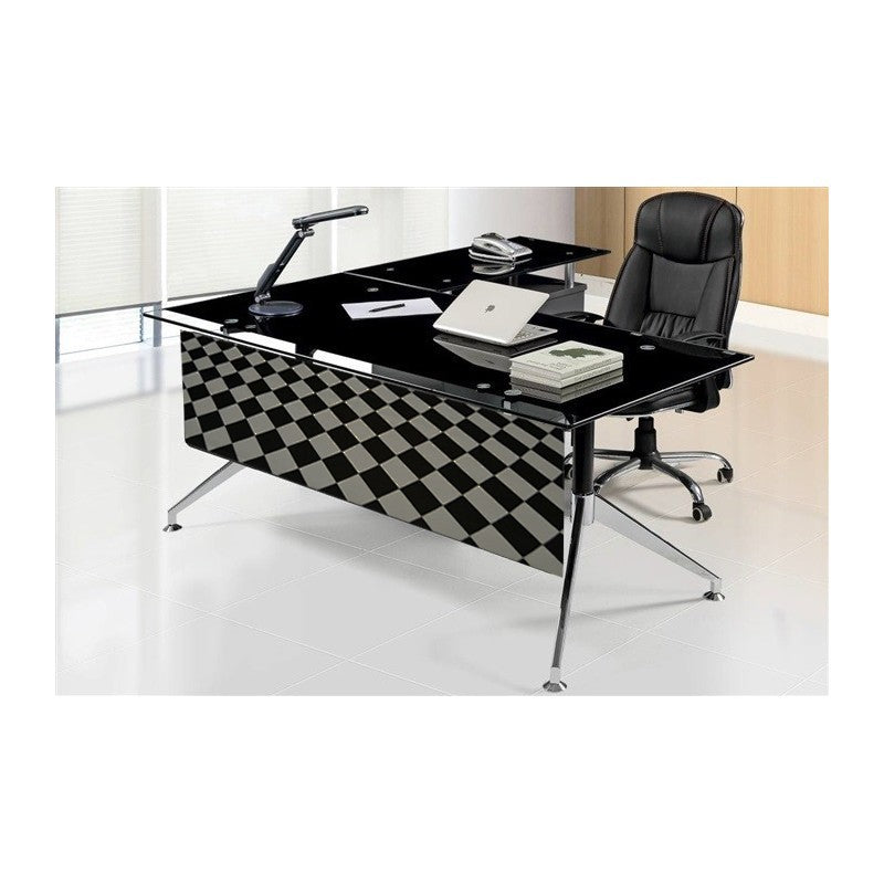 <p>Mesa de oficina con mueble ala de 100x50 cms - a derecha -, armazón de la mesa de acero acabado negro y cromado, cristal templado de 12 mm. de espesor.</p> Grupo sdm JULIO
