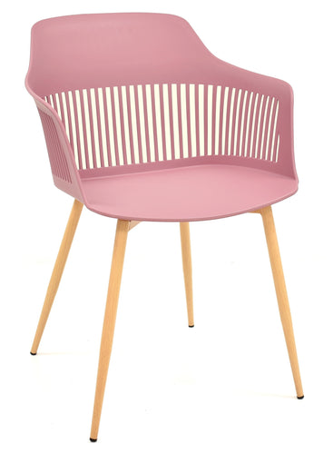 <p>Sillón de diseño, base de metal con acabado imitación madera, asiento y respaldo de polipropileno inyectado de color rosa oscuro. Otros colores disponibles. Taburete del mismo color. </p> Grupo sdm JULIO
