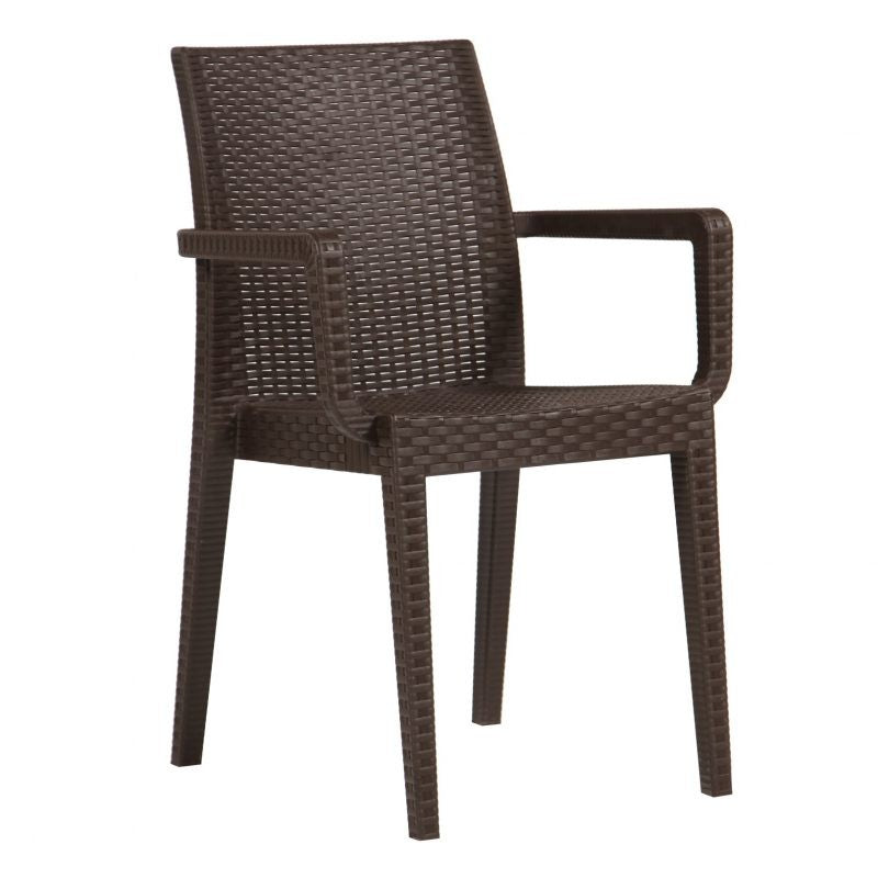 <p>Sillón apilable, imitación a rattán, polipropileno marrón chocolate. Uso en exterior e interior. Otros colores disponibles. Mesas y silla a juego.</p> Grupo sdm JULIO