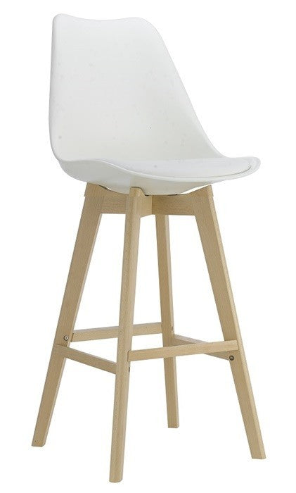 <p>Taburete de diseño, madera, carcasa blanca, cojín blanco. Sillas y sillones a juego. <strong>Altura asiento 72 cms</strong></p> Grupo sdm JULIO